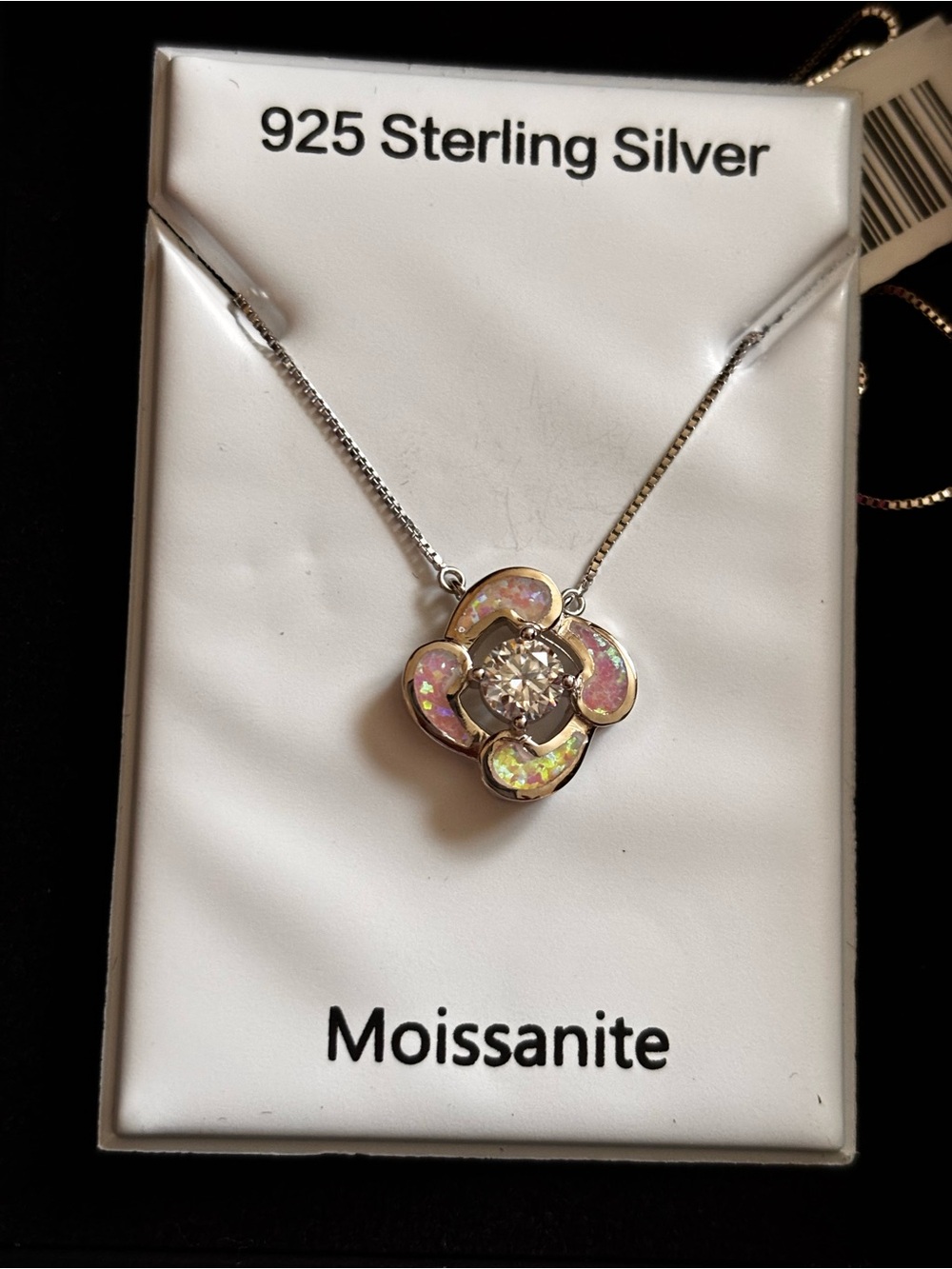 Sterling Silver Pink Opal Flower Necklace with Moissanite Center
